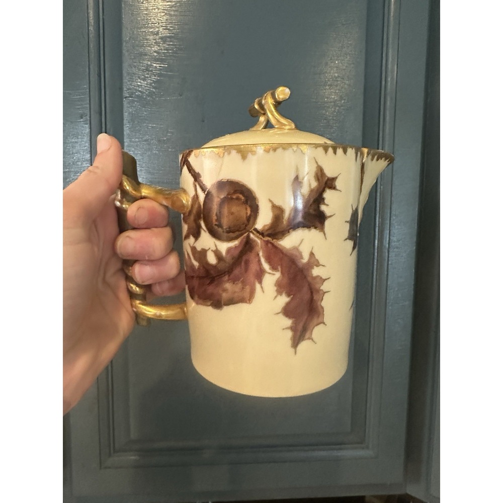 Antique 1880s CFH GDM Limoges France Porcelain Chocolate Pot Acorn Leaf Gilt